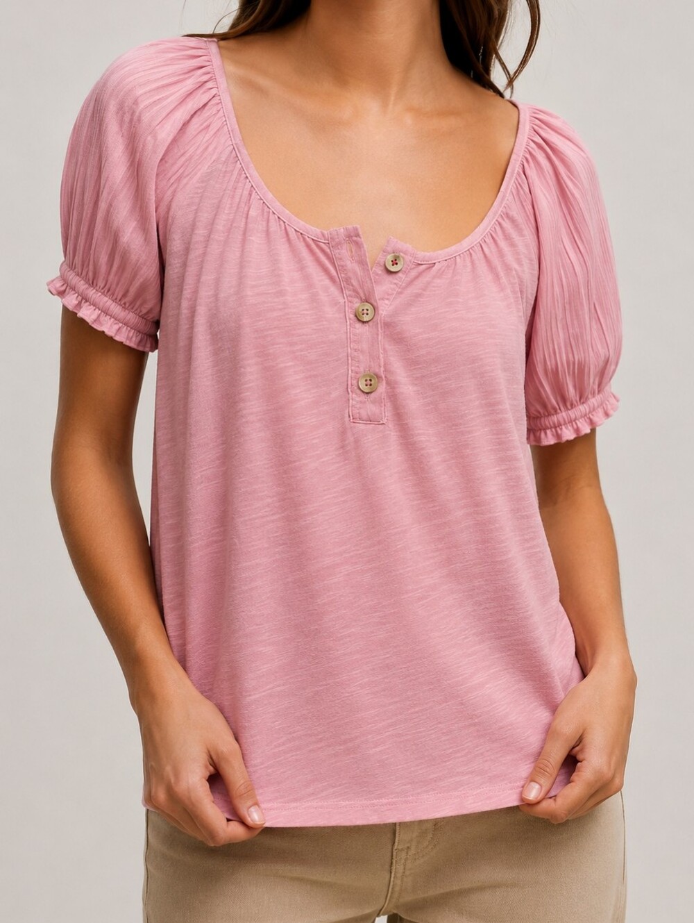 Anthropologie Pilcro Puff Sleeve Scoop Neck Henley Tee Dusty Rose Size L